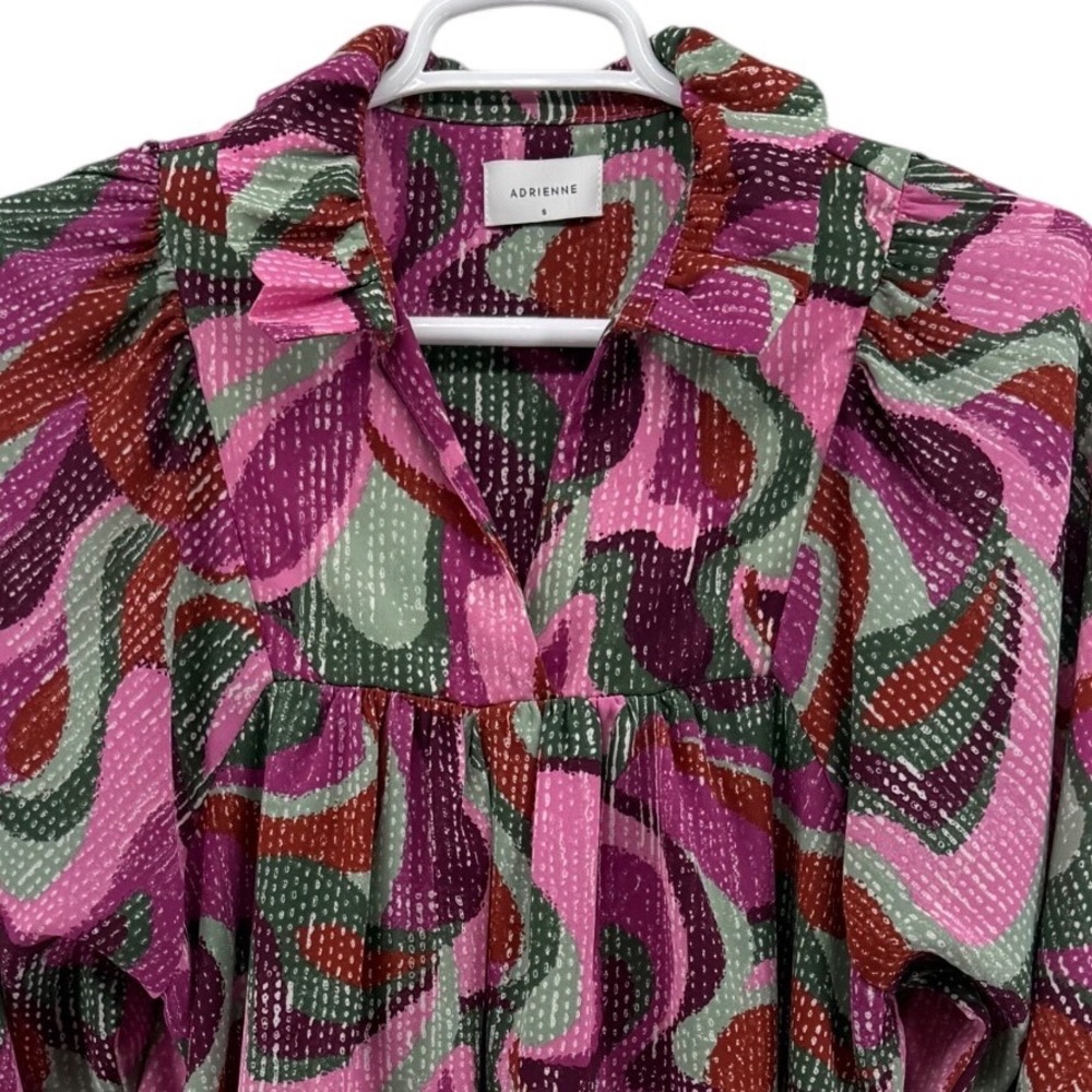 Adrienne Savannah Mini Dress Small Pink Purple‎ Abstract Swirl Puff Sleeve Boho